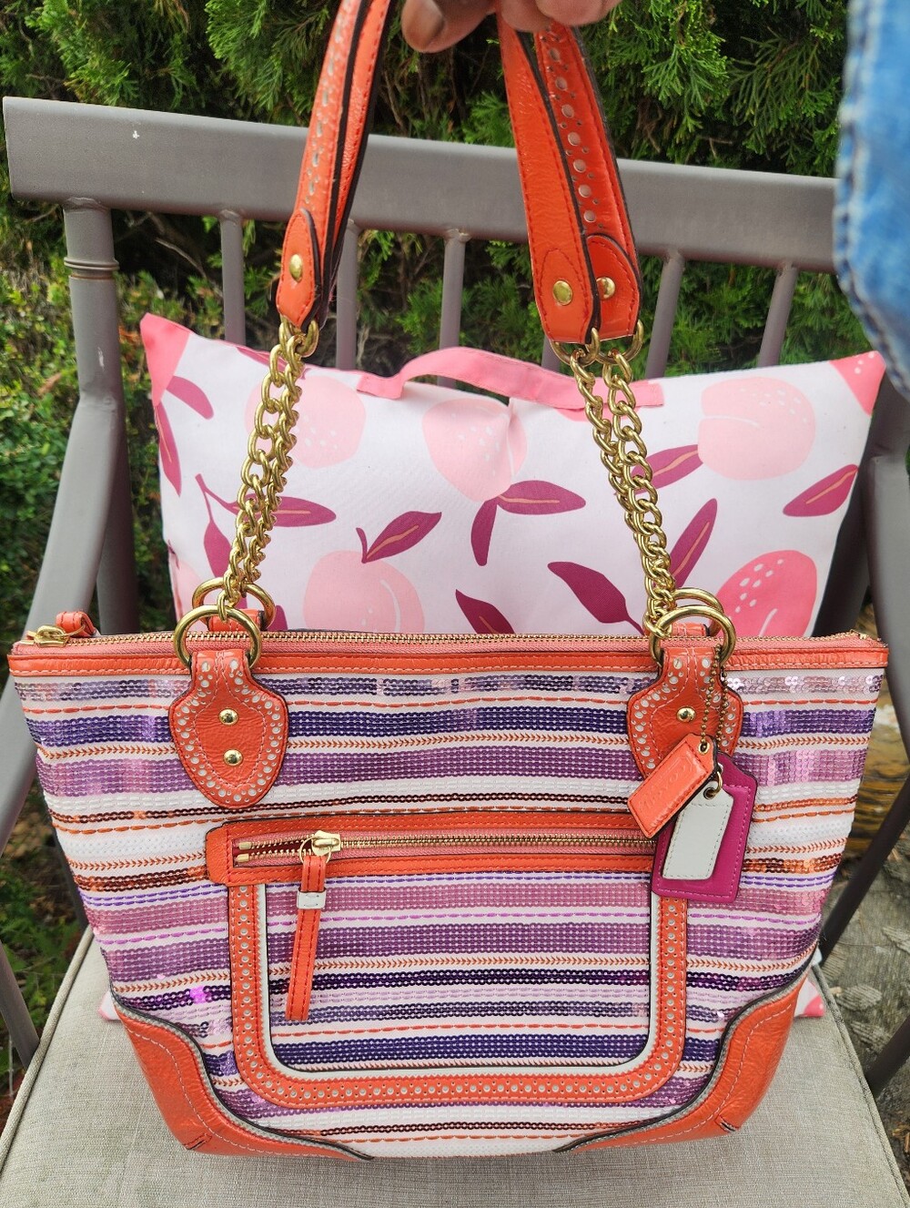 COACH Striped Sequin Poppy Shoulder Tote In Orange & Purple EUC